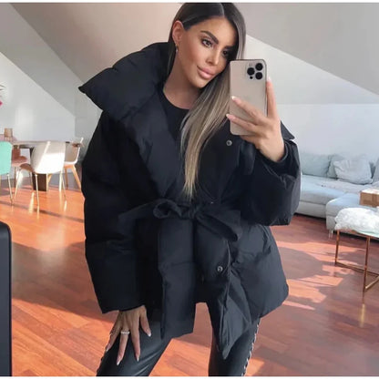 Fashion Lace Up Baumwolle Mantel Frauen Feste Revers Casual Langarm Tasche Lose Warme Kurze Mäntel Dame Winter Neue Straße Oberbekleidung