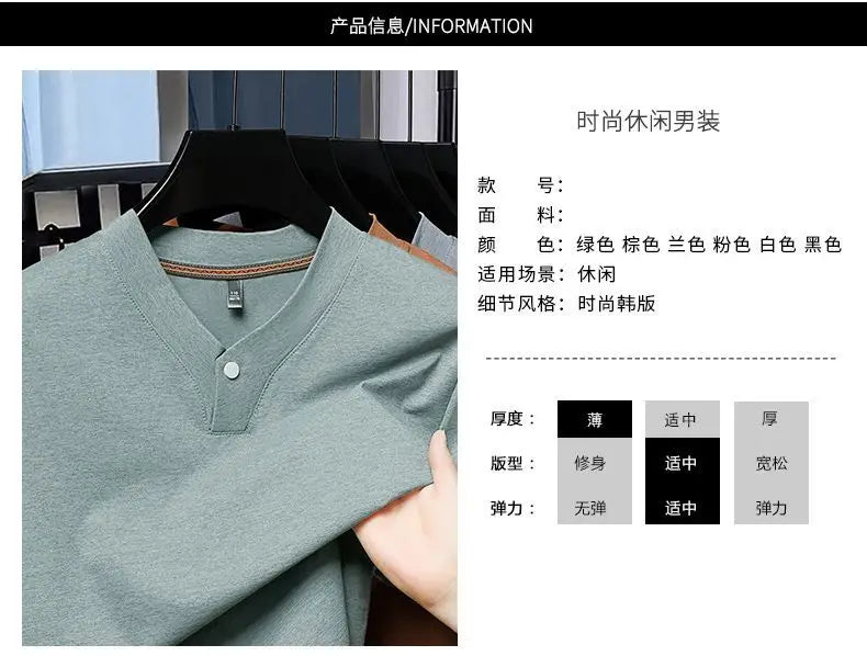 Men's T-shirt Classic V-Neck Short Sleeved Cotton Solid Button Super Soft High Quality L-4XL Casual Tshirt Design Men Tee Shirts.