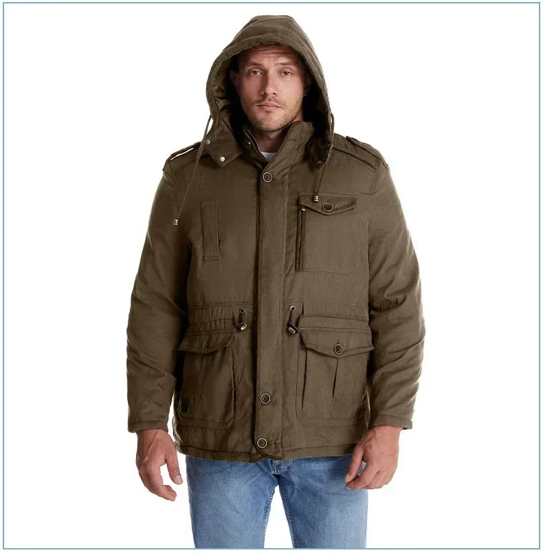 Men's Jacket WINTER USA SIZE Large SIZE Lamb Fleece JACKETS Hooded Cotton Thickened Multi Pocket Casual Mid length Coat