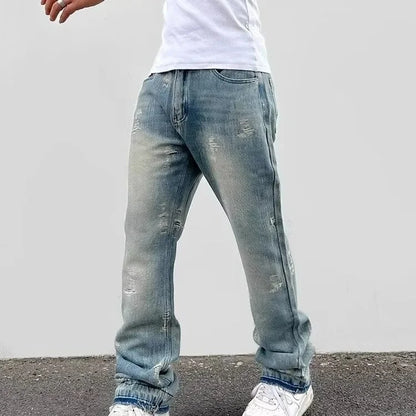Loose Men's Straight Leg Jeans Casual High Street American Style Torn Frayed Hem Wide Leg Pants Trendy Casual Denim Trousers.