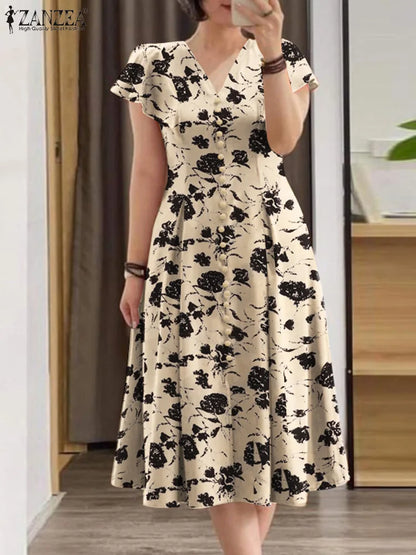 ZANZEA Damen-Sommerkleider, Rüschenärmel, V-Ausschnitt, Cinch-Taille, Damen, elegant, Blumendruck, Party, Pendeln, A-Linie, Midi-Sommerkleid