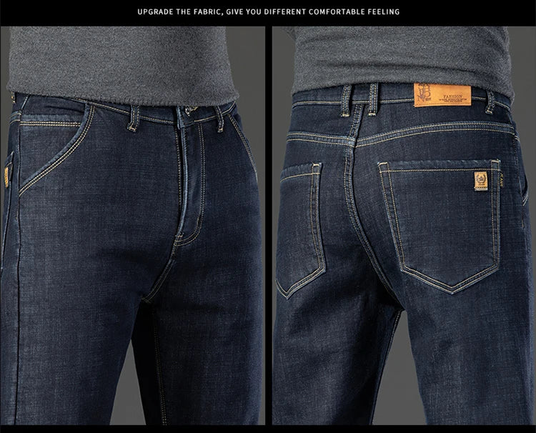 28-40 Large Size Winter Men Plush Thick Fleece Trouser Lambswool Thermal Jeans Casual Pants Windproof Warm Cotton Denim Pants.