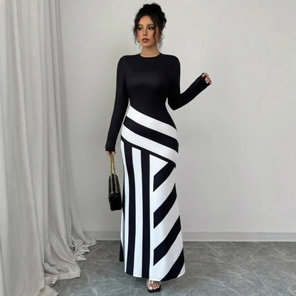 Sexy frauen Maxi Kleider Neue Herbst Streetwear Fashion Schwarz Weiß Patchwork Beiläufige Dünnes Kleid Elegante Gestrickte Kleider Kleidung