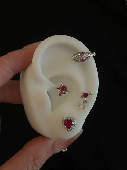 New Trendy Shiny Rose Red Color Zircon 316L Stainless Steel Ear Bone Nail Y2K Gothic Love Heart Small Earrings for Women Jewelry.