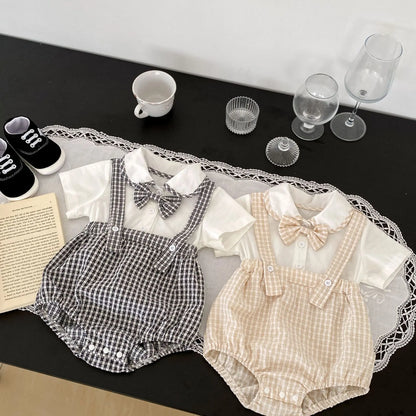 Bodys Sommer Baby und Kinder einteilige Kleidung Puppen hals kurz ärmel ige karierte elastische Bund Dreieck einteiligen Stram pler