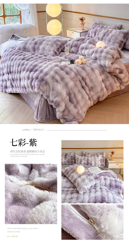 2024 new solid color colorful rabbit wool four-piece set, one side of rabbit fur and one side of milk wool thickened warm