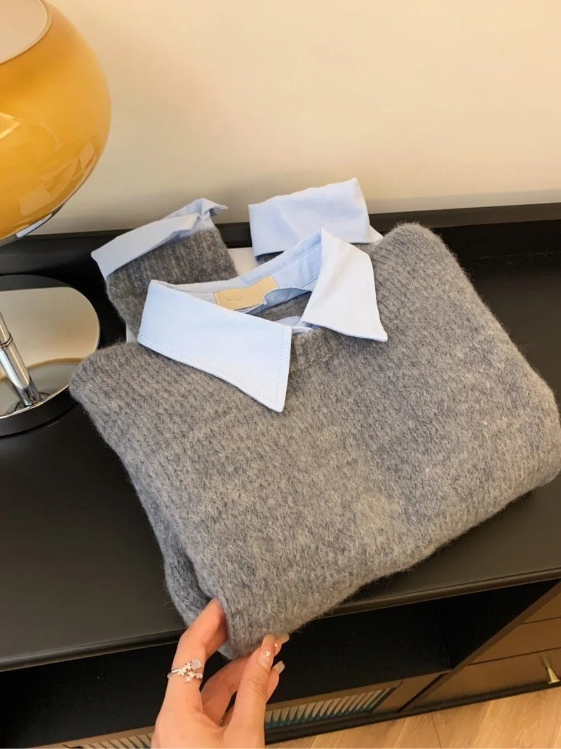 Gefälschte Zwei Shirts Kragen Pullover frauen Herbst Outfit Neue Lazy Linterior Kontrast Farbe Grau Stricken Pullover Top Mit Flip kragen