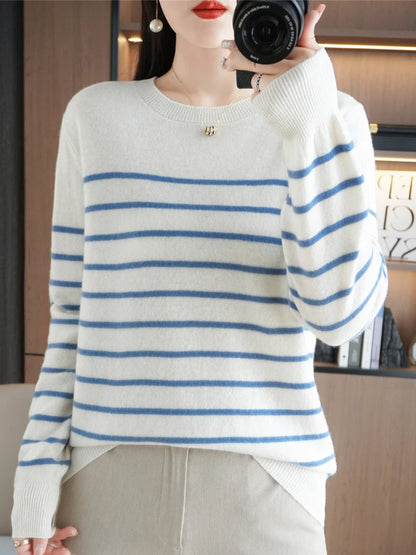 Herbst Winter neue Frauen O-Ausschnitt Farbe Streifen Pullover Wolle Mischung Mode weichen warmen Pullover Kaschmir lose lässig Strick Base Top