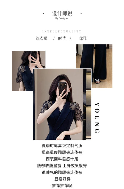 LYX High-Cold Lady Style Romper Women Summer Short Sleeve High Waist Lace Splicing Hollow out One-Piece Straight Leg Pants.