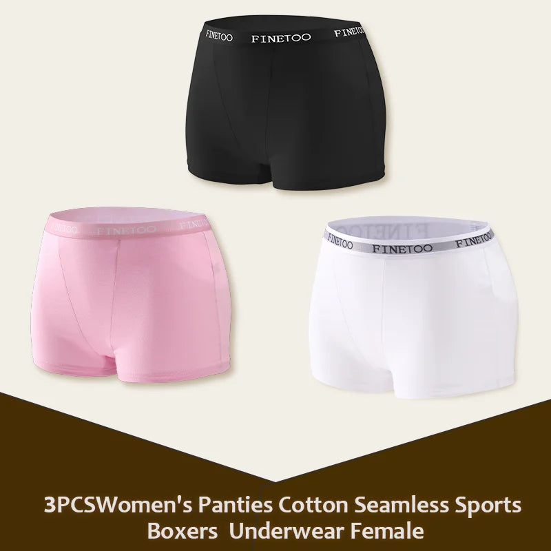 3Pcs Women's Panties Cotton Seamless Sports Boxers Underwear Female Solid Color Briefs Lingerie Intimate Underpant Finetoo S-XXL