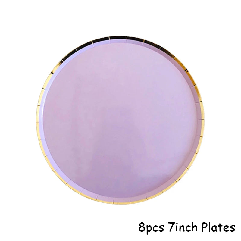 Gold Disposable Tableware Sets Purple Party Paper Cup Plates baby Shower  Birthday Party Supplies Carnival Wedding decor Favors