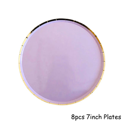 Gold Disposable Tableware Sets Purple Party Paper Cup Plates baby Shower  Birthday Party Supplies Carnival Wedding decor Favors