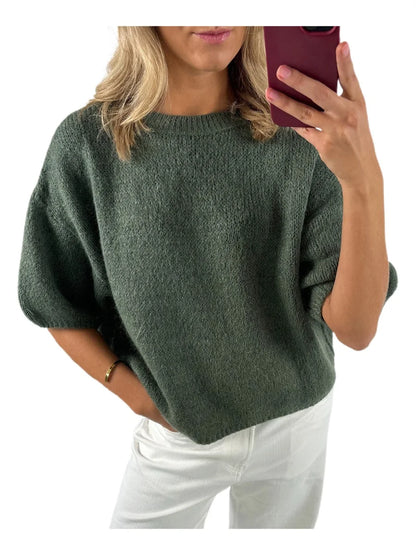 Damen Frühling Herbst Strickpullover Halbarm O Hals Einfarbig Lässige Strickwaren