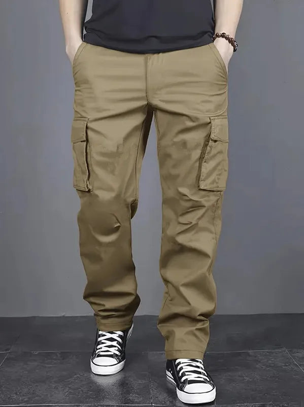 Men's casual multi pocket work pants with loose fit and drawstring waistband suitable for hikingfishingand outdoor exploration.