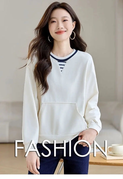 Apricot Round Neck Patch Long Sleeve Sweatshirt Women Loose Comfort Casual Design Fashion Top.