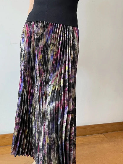 Shiny Colorful Luxury High Waist Metallic Pleated Midi Skirt 2025 Fashion Trends Elastic Waistband Pleated Skirt Old Money Style.