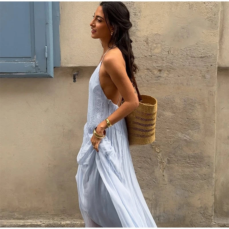 Sexy frauen Einfarbig Gefaltete Lange Kleid Elegante Ärmellose Hosenträger Backless Slim Fit Kleider Strand Party frauen Robe.