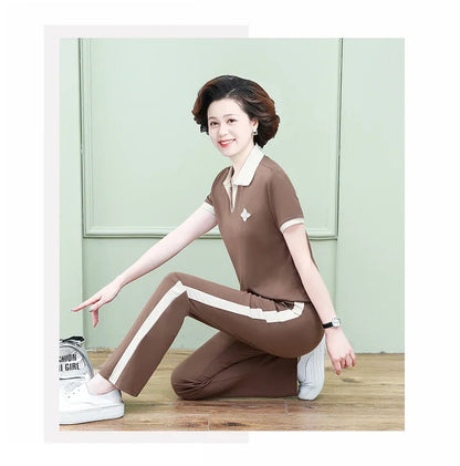 Casual Breathable Short Sleeve Sportswear Set for Middle-Aged Mothers Fashionable Summer Clothing Grandmother Style.