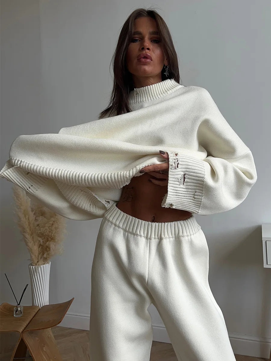 Two Piece Ripped Set Women Knit Tracksuits O Neck Long Sleeve Casual Baggy Sweatshirts+ Joggers Pants Outfits 2025 Fall Winter.