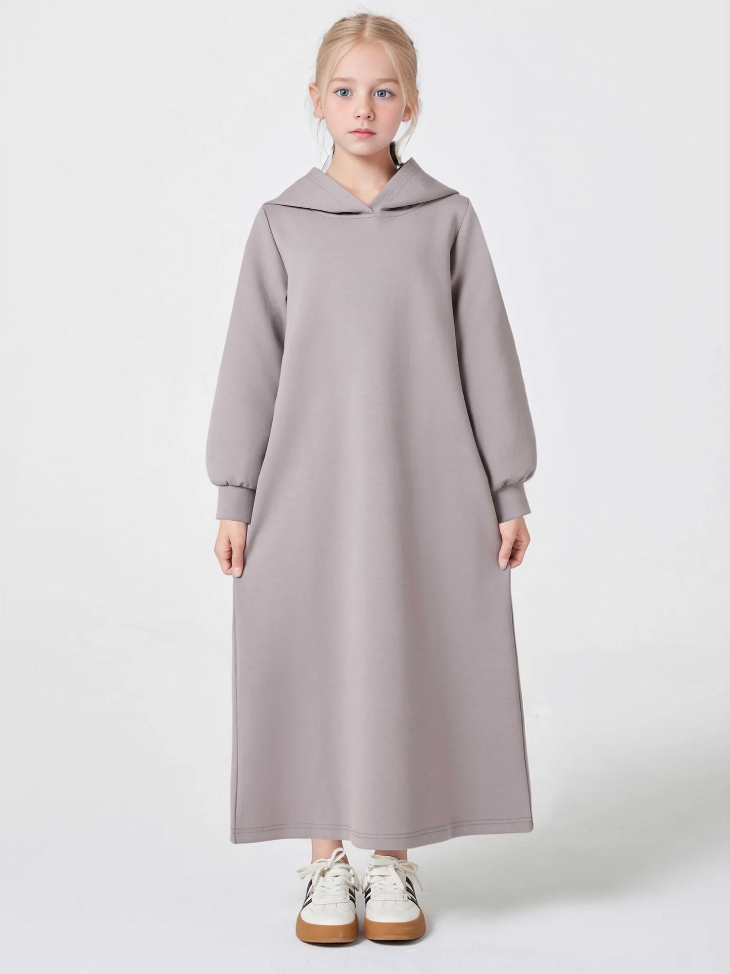 Ramadan kebaya Muslim Girls Abaya Middle East Autumn and winter solid color warm hoodie V-neck Hooded Loose Kids Kebaya Dress.