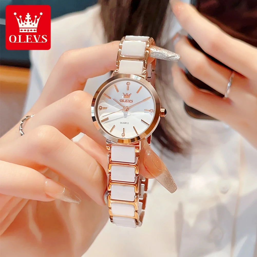 OLEVS 5877 Japan Quartz Movement Woman Watch Simple Elegant Luxury Rose Gold Ceramics Strap Waterproof Ladies Dress Wristwatch.