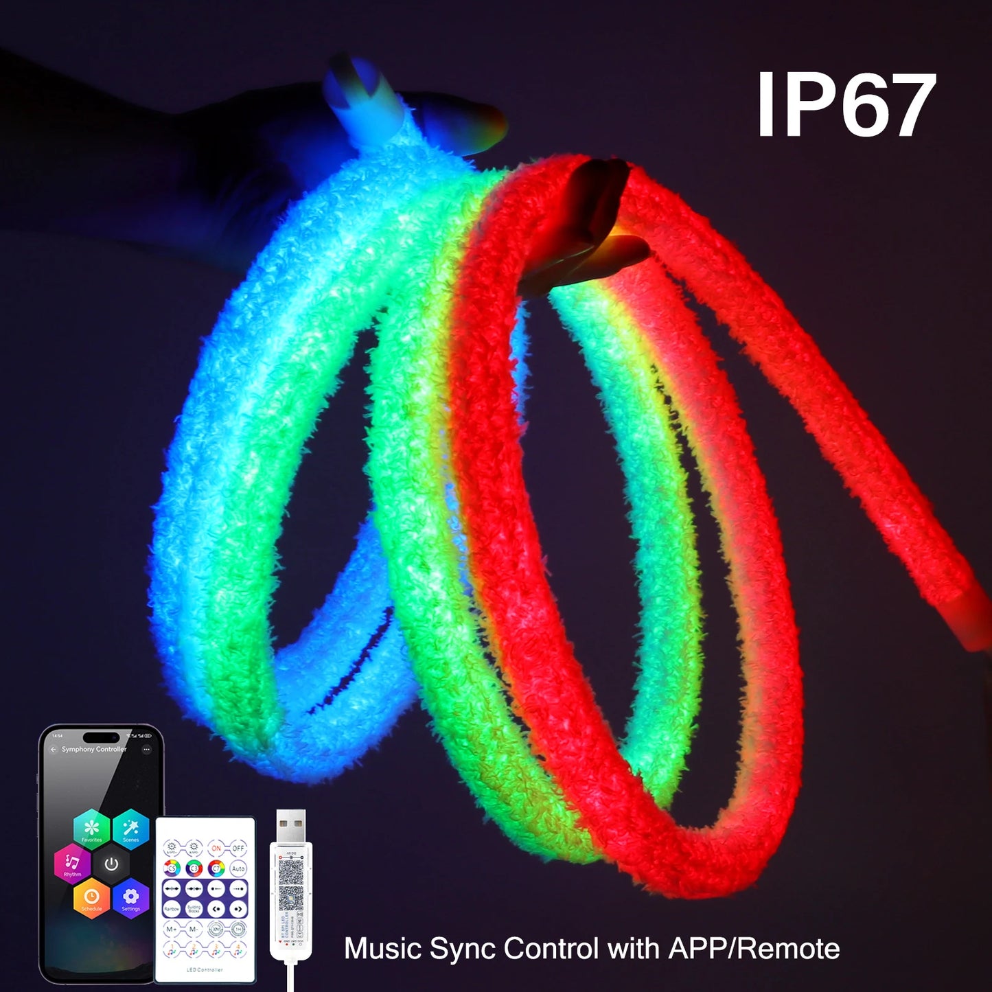 DC5V USB RGB LED Round Neon Light Strip Music Sync Control with App/Remote Addressable Lamp IP67 Waterproof for Indoor Outdoor.