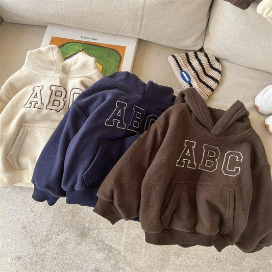 2025 Autumn Winter Boys Clothing Set Double-Sided Velvet Letter Print Thick Hoodies+Pants 2Pcs Suit For 1-8Y Girls Warm Outfit.