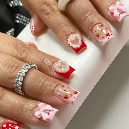 Blush Pink False Nails Bowknot Diamond Pearl 3D Design Press on Nail Tips with Harmless Smooth Edge Nails Woman DIY Fake Nails