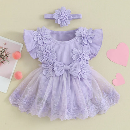 Visgogo Neugeborenen Baby Stram pler Kleid 2 Stück Outfits Mesh Spitze Patchwork Rüschen Bodysuit und Stirnband süße Sommerkleid ung