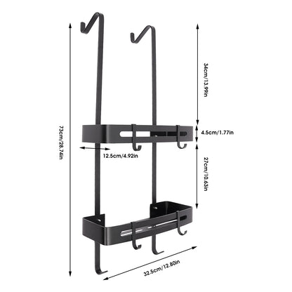 2-stufiges Badezimmerregal, hängendes Duschregal, silberfarbenes/schwarzes Regal, 6 Haken für Badezimmer, Küche, Wohnzimmer