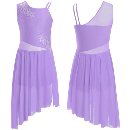 6–16 Jahre Mädchen, modernes lyrisches Tanzkleid, ärmellos, glänzender Strass-Trikot, Tanzkleidung für Skating, Gymnastik, akrobatische Leistung.