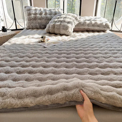 Fluffy Plush Fitted Bed Sheet Solid Color Long Hair Fleece Bed Cover For Double Bed fundas de colchón Winter Warm Mattress Cover