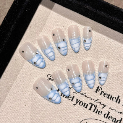 10pcs Handmade Almond False Nails Black White Alligator Print French Style Press On Nail Diamond Cross Design Wearable Fake Nail.