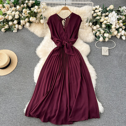 Französisch Vintage elegante Plissee Vneck Kleid A-Linie Mode Chiffon Frühling Herbst ärmellose Vestidos Frauen kleider.