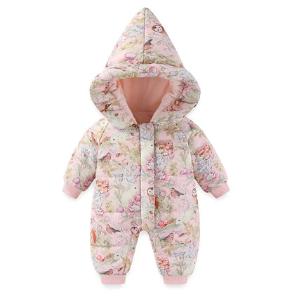 Body für Neugeborene und Mädchen, verdickter, wasserdichter, bedruckter Schneeanzug, 0–24 Monate, Kleinkind-Jungen-Overall mit Kapuze, warmes Winter-Einteiler-Outfit