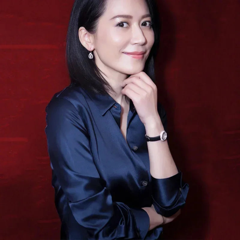 Woman Silk Shirt Long-sleeved Satin Women Blouse 19mm Mulberry Silk Blouse Loose Versatile Base Shirt 95% Natural Silk+5%Spandex.