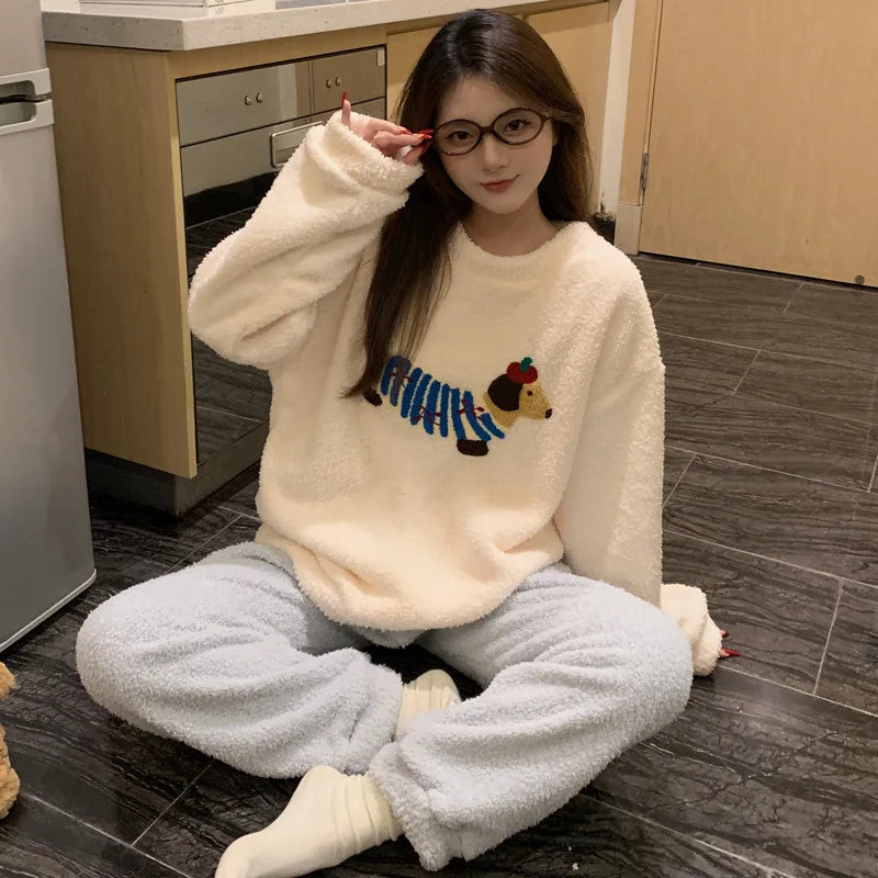 Kawaii Hello Kitty Pajamas Girl Sanrio Long-Sleeved Loungewear Sweet Young Student Girl  Warm Home Clothes Sleepwear Set.