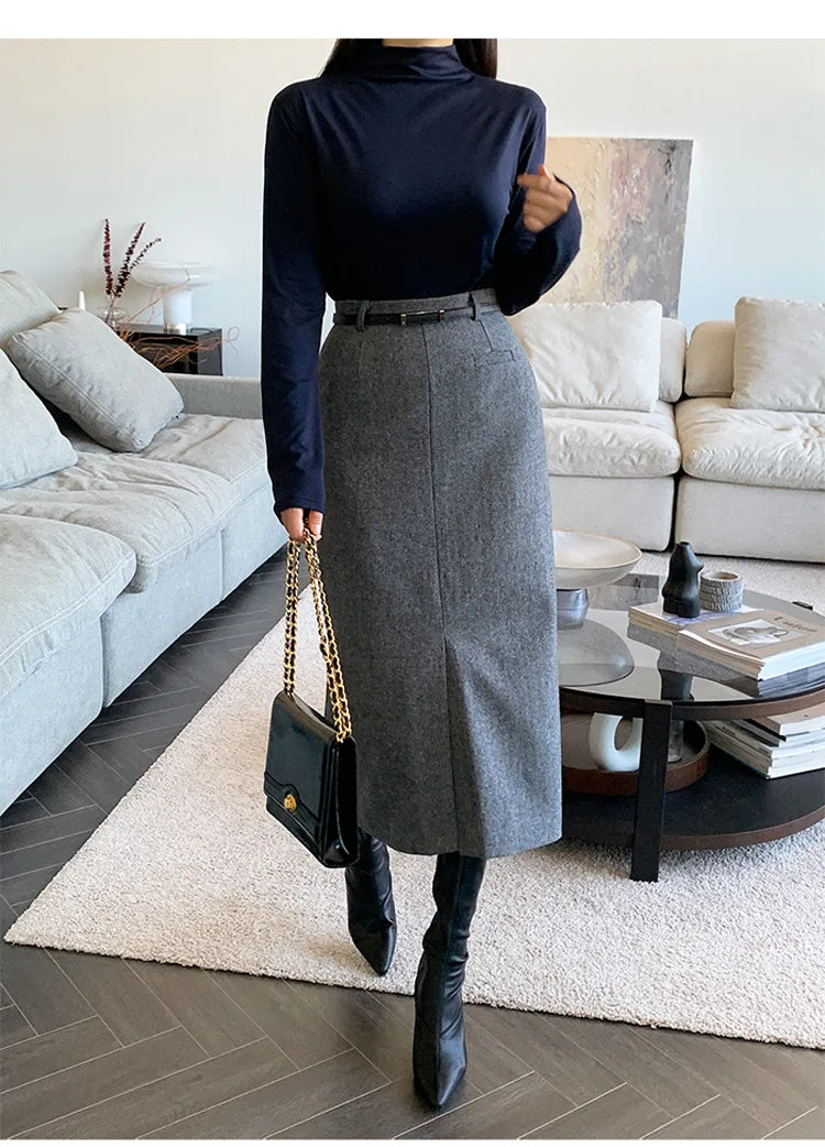 Gray Pencil Skirts Belted Elegant Women Slim Office Ladies Casual A-Line High Waist Split Midi Skirt Autumn Winter.