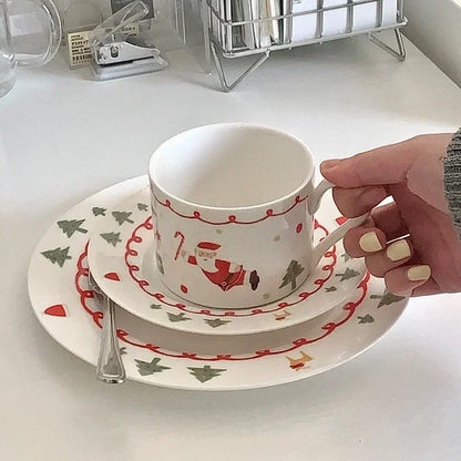 Santa Claus Ceramic Coffee Cup and Saucer Suit Hand-painted Christmas Plate Home Breakfast Milk Juice Cup Fruit Dessert Plate.