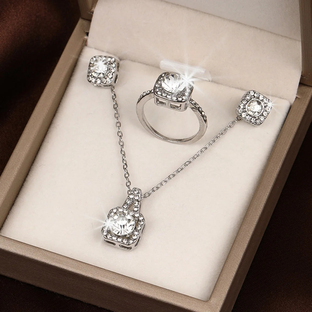 3Pcs/set Fashion Square Zircon Necklace Earrings Ring For Women Luxury Wedding Engagement Jewelry Shining Party Jewelry Gifts.