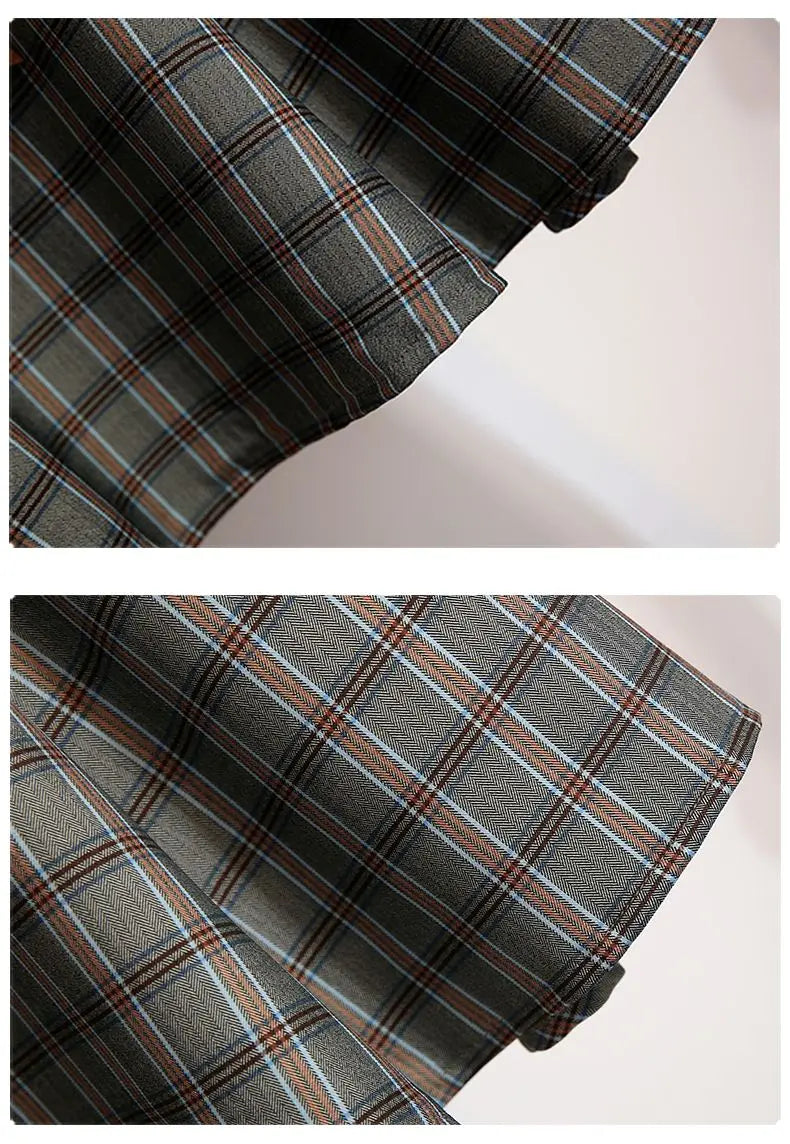 Plaid Vantage High Waist A-line Loose With Belt Pocket Women's Skirt Korean Fashion Mid-Calf Long Skirts For Women 2024 Spring.