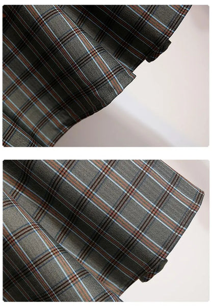 Plaid Vantage High Waist A-line Loose With Belt Pocket Women's Skirt Korean Fashion Mid-Calf Long Skirts For Women 2024 Spring.