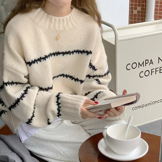 Herbst Winter Gestreiften Pullover Pullover Frauen Gestrickte Shirts Lange Hülse Lose Mock Neck Outwear Casual Pullover Tops Strickwaren