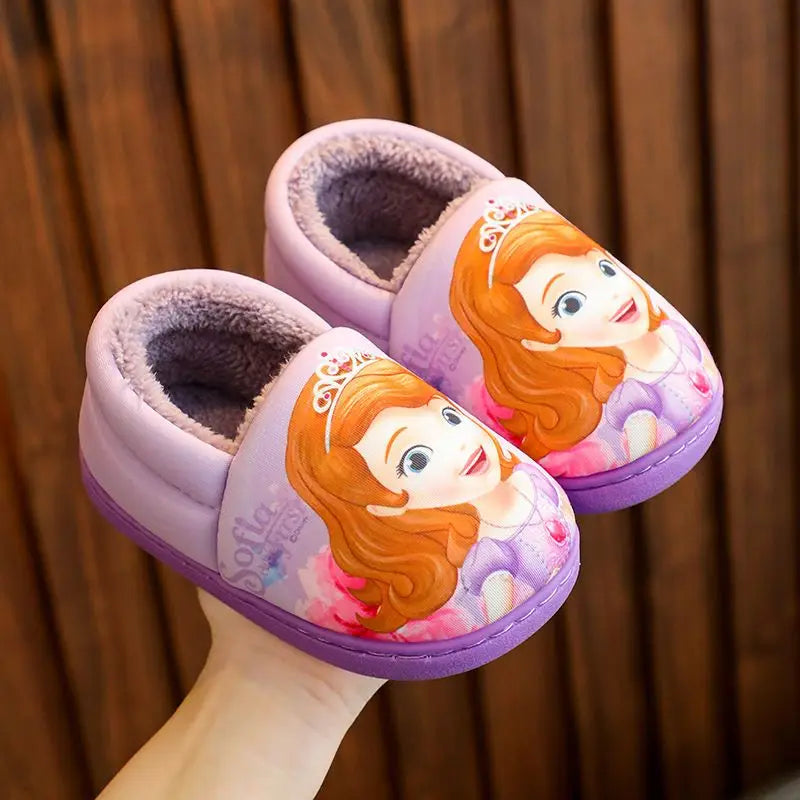 Disney Princess Elsa Winter Children's Heel Cotton Slippers Girls' Warm Frozen Kids' Cotton Black Purple Flats Shoes Size 24-40.