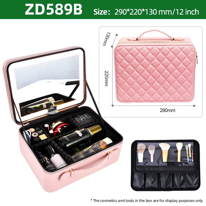 Large Capacity Makeup Case with LED Mirror Multiple Size Options Cosmetic Box LED Mirror Makeup Storage Box for Beauty Salons
