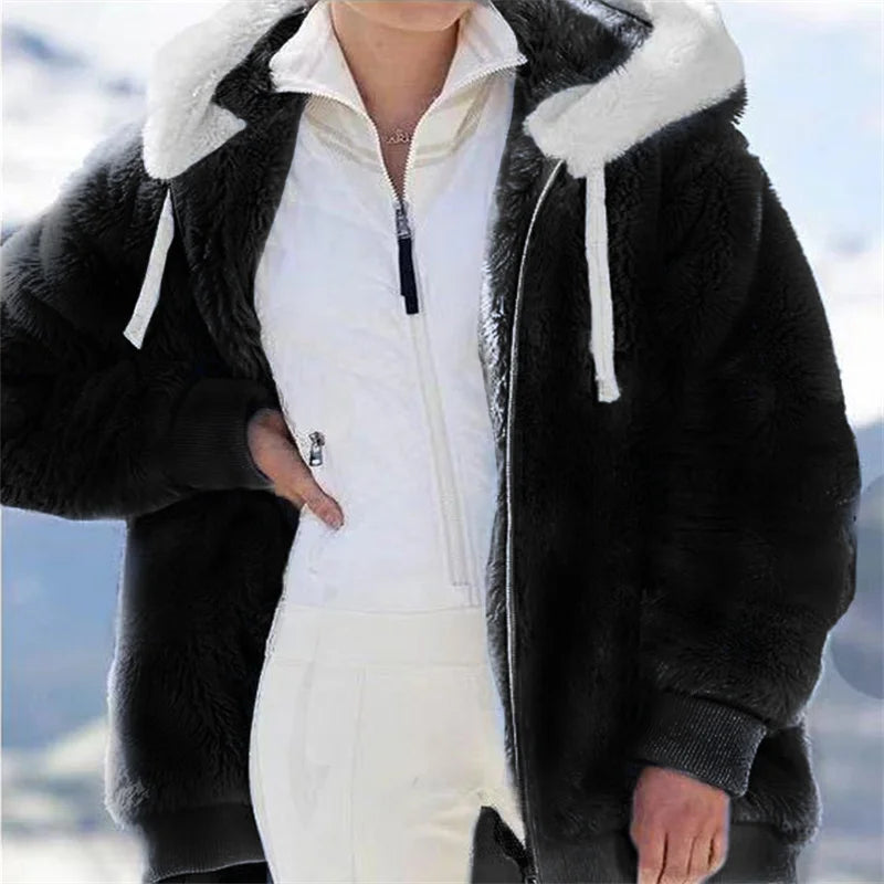 Women Winter Warm Faux Fur Jacket Plush Coat New Casual Hooded Fashion Zipper Soft Fleece Cashmere Jackets Female Thick Clothing.