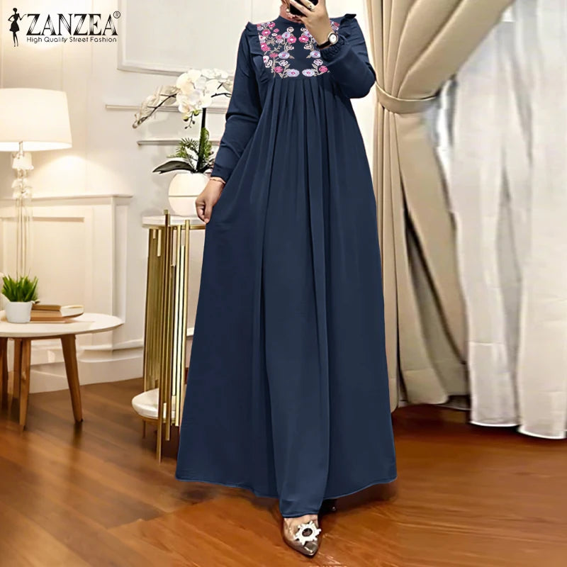 2025 Autumn Muslim Dresses Abaya ZANZEA Women Elegant Long Sleeeve Floral Dress Dubai Robe IsIamic Clothing Maxi Long Sundress.