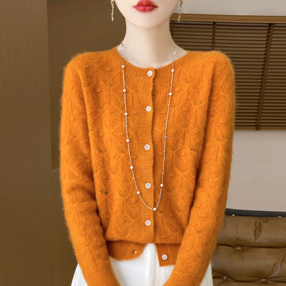 2024 Autumn And Winter New Round Neck Hollowed Out 100 Wool Knitted Cardigan Women's Versatile Coat Loose Casual Sweater DMR281.
