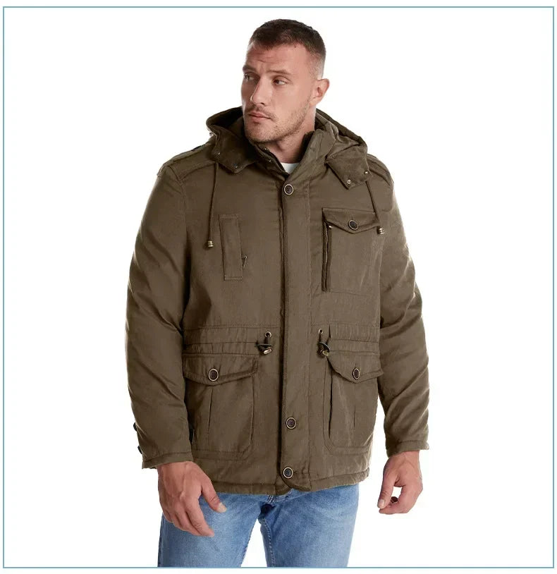 Men's Jacket WINTER USA SIZE Large SIZE Lamb Fleece JACKETS Hooded Cotton Thickened Multi Pocket Casual Mid length Coat
