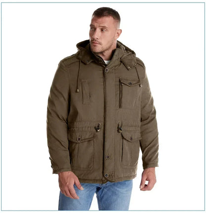 Men's Jacket WINTER USA SIZE Large SIZE Lamb Fleece JACKETS Hooded Cotton Thickened Multi Pocket Casual Mid length Coat